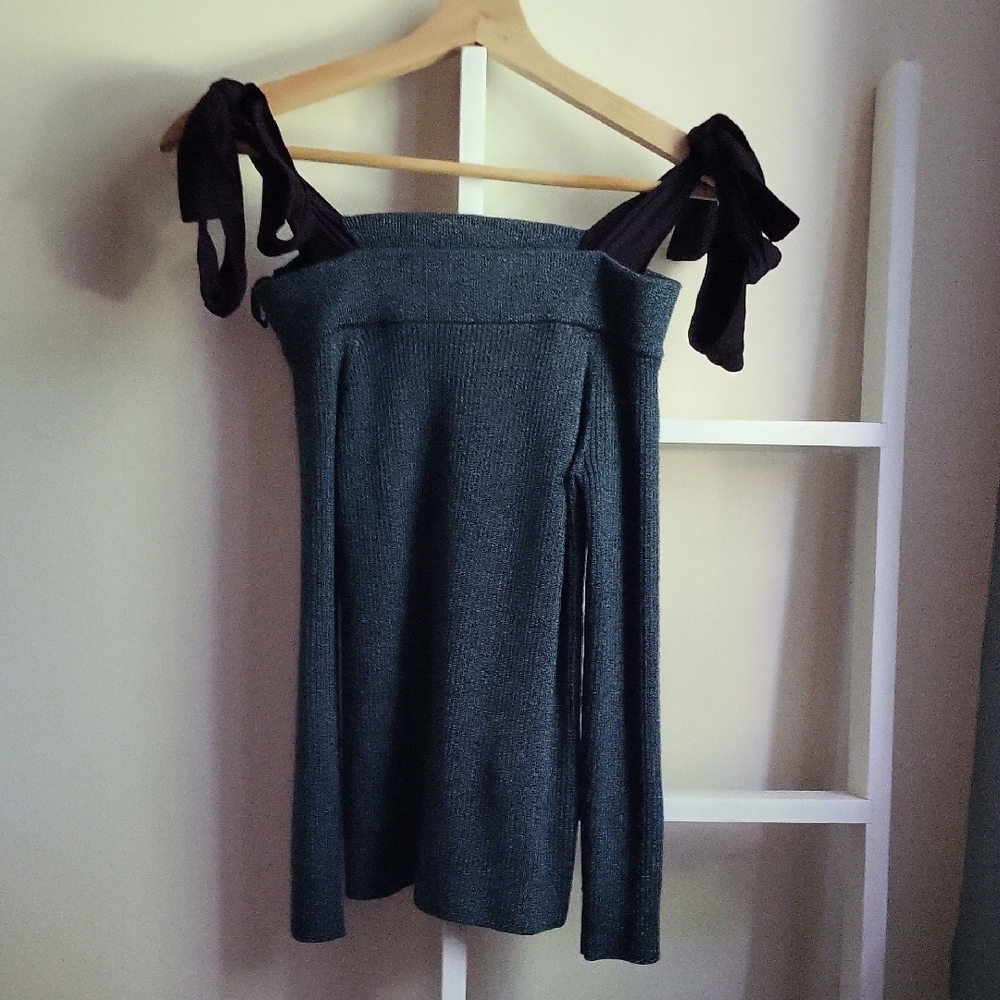 Off-Shoulder Dark Teal Sweater with Black Ribbon Straps